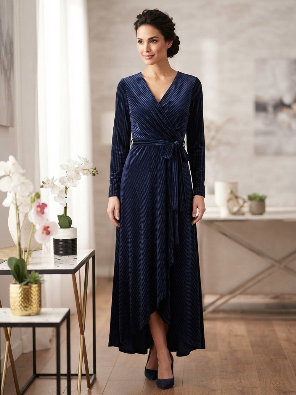 Simple Navy Ribbed Velvet Wrap Maxi Dress New Without Label